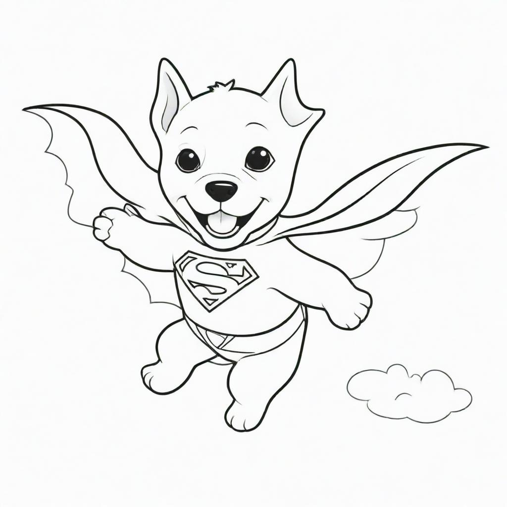 An adventurous, two-dimensional black and white outline of a puppy dressed as Superman, soaring through the sky for a colouring page.