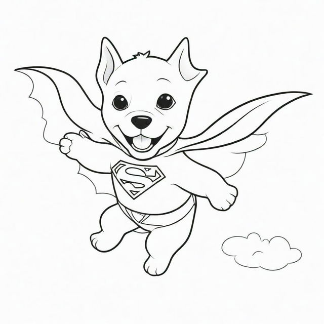 An adventurous, two-dimensional black and white outline of a puppy dressed as Superman, soaring through the sky for a colouring page.