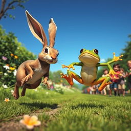 An imaginative depiction of a race between a hare and a frog, set in a vibrant woodland scene