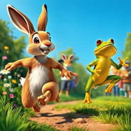 An imaginative depiction of a race between a hare and a frog, set in a vibrant woodland scene