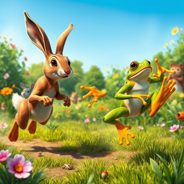 An imaginative depiction of a race between a hare and a frog, set in a vibrant woodland scene