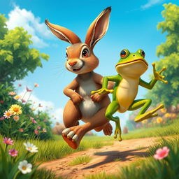 An imaginative depiction of a race between a hare and a frog, set in a vibrant woodland scene