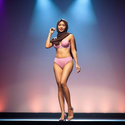 A striking and confident Chinese woman wearing an elegant hijab that beautifully complements her look, adorned in a pink bra and matching pink underwear