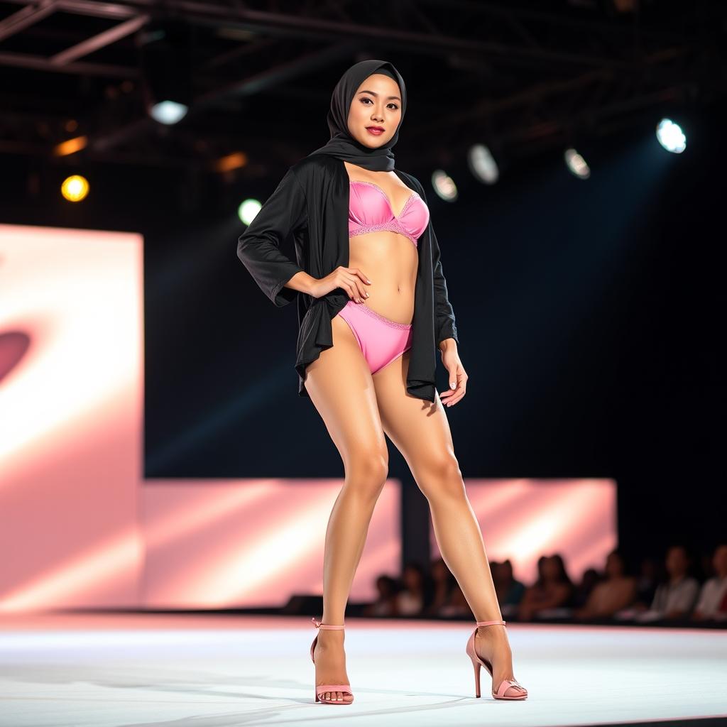 A striking and confident Chinese woman wearing an elegant hijab that beautifully complements her look, adorned in a pink bra and matching pink underwear