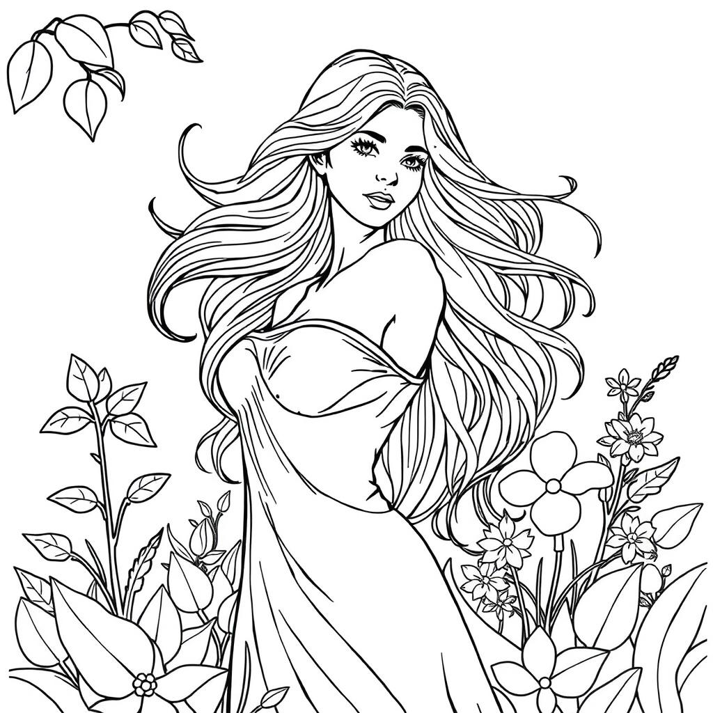 A detailed coloring page featuring a female figure named Marta Silva with flowing hair and graceful posture