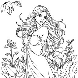 A detailed coloring page featuring a female figure named Marta Silva with flowing hair and graceful posture