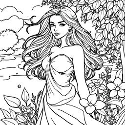 A detailed coloring page featuring a female figure named Marta Silva with flowing hair and graceful posture