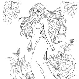 A detailed coloring page featuring a female figure named Marta Silva with flowing hair and graceful posture