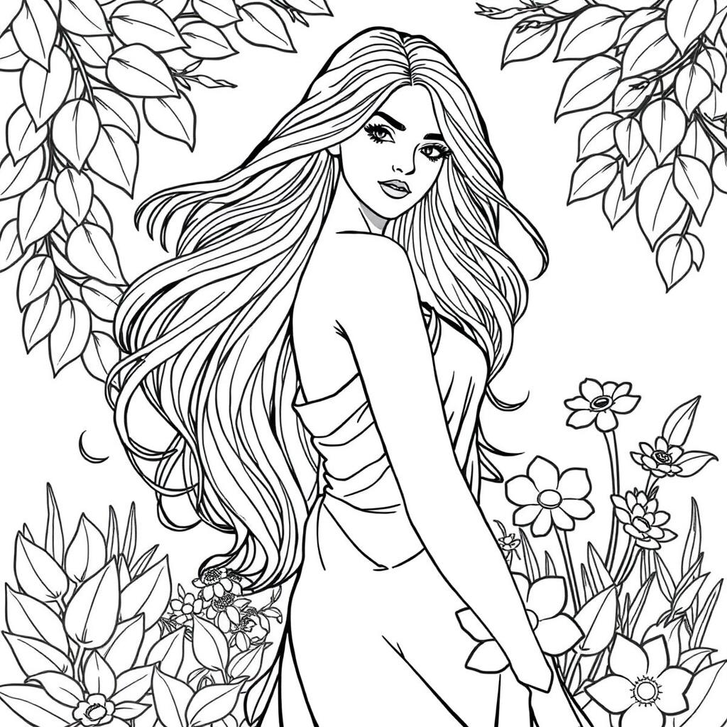 A detailed coloring page featuring a female figure named Marta Silva with flowing hair and graceful posture