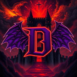 An ancient, ominous castle illustrated in an anime style, featuring a very large, bold letter 'D' at its center, colored in deep, rich purple and outlined with bright red