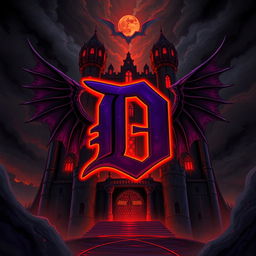 An ancient, ominous castle illustrated in an anime style, featuring a very large, bold letter 'D' at its center, colored in deep, rich purple and outlined with bright red