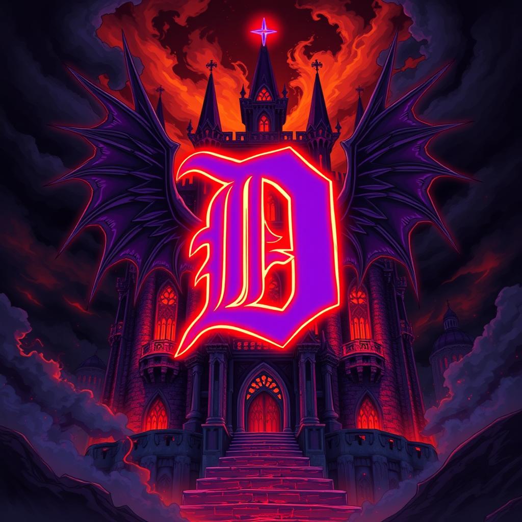 An ancient, ominous castle illustrated in an anime style, featuring a very large, bold letter 'D' at its center, colored in deep, rich purple and outlined with bright red