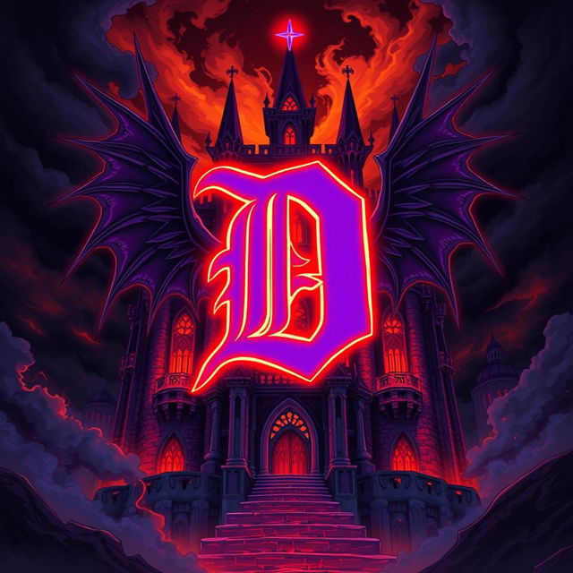 An ancient, ominous castle illustrated in an anime style, featuring a very large, bold letter 'D' at its center, colored in deep, rich purple and outlined with bright red