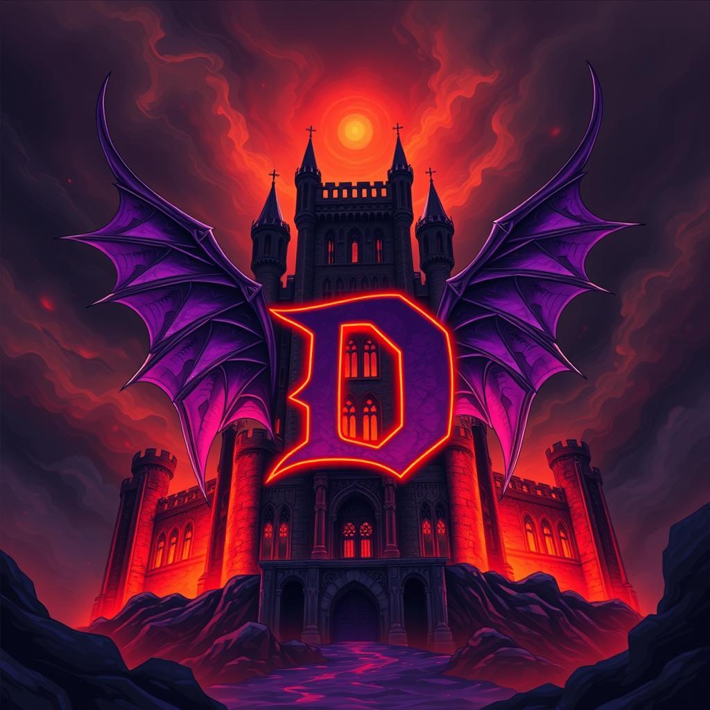 An ancient, ominous castle illustrated in an anime style, featuring a very large, bold letter 'D' at its center, colored in deep, rich purple and outlined with bright red