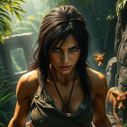 A dynamic and dramatic scene featuring a fierce adventurer resembling a strong, confident woman similar to Lara Croft