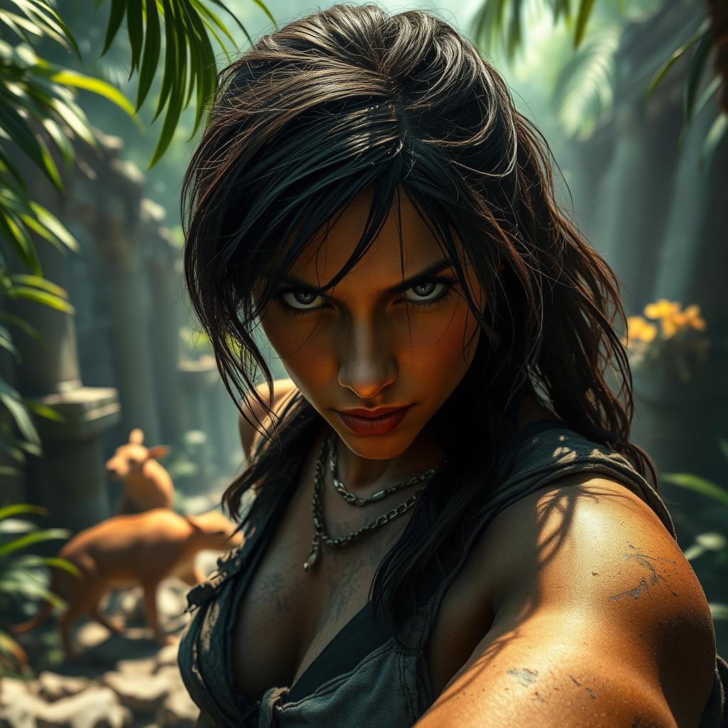 A dynamic and dramatic scene featuring a fierce adventurer resembling a strong, confident woman similar to Lara Croft