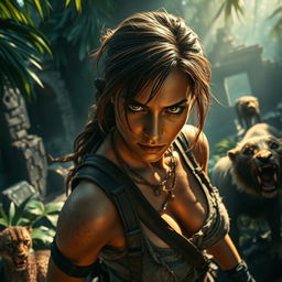 A dynamic and dramatic scene featuring a fierce adventurer resembling a strong, confident woman similar to Lara Croft