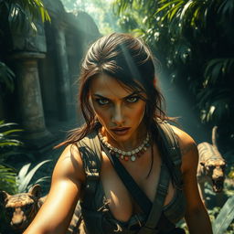 A dynamic and dramatic scene featuring a fierce adventurer resembling a strong, confident woman similar to Lara Croft