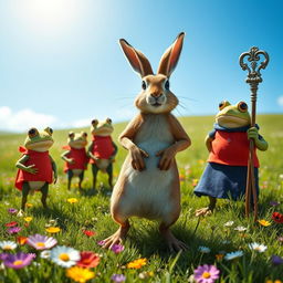 A whimsical scene capturing the moment on a sunlit meadow where a boastful hare stands proudly, declaring his speed