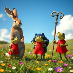 A whimsical scene capturing the moment on a sunlit meadow where a boastful hare stands proudly, declaring his speed