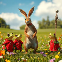 A whimsical scene capturing the moment on a sunlit meadow where a boastful hare stands proudly, declaring his speed