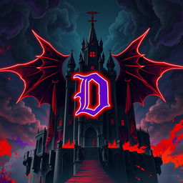 An ancient, ominous castle depicted in a captivating anime style, featuring a very large, bold purple letter 'D' at its center, brightly outlined in vivid red