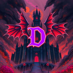 An ancient, ominous castle depicted in a captivating anime style, featuring a very large, bold purple letter 'D' at its center, brightly outlined in vivid red