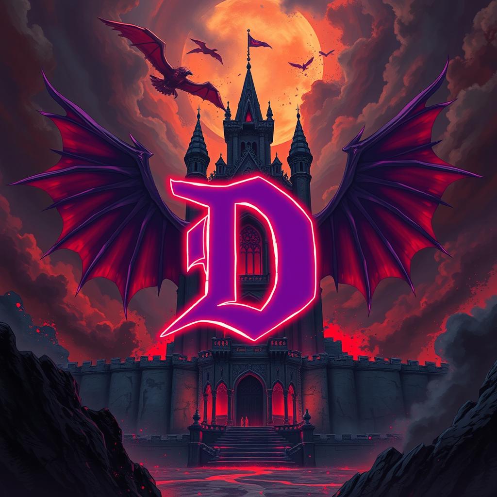 An ancient, ominous castle depicted in a captivating anime style, featuring a very large, bold purple letter 'D' at its center, brightly outlined in vivid red