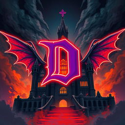 An ancient, ominous castle depicted in a captivating anime style, featuring a very large, bold purple letter 'D' at its center, brightly outlined in vivid red