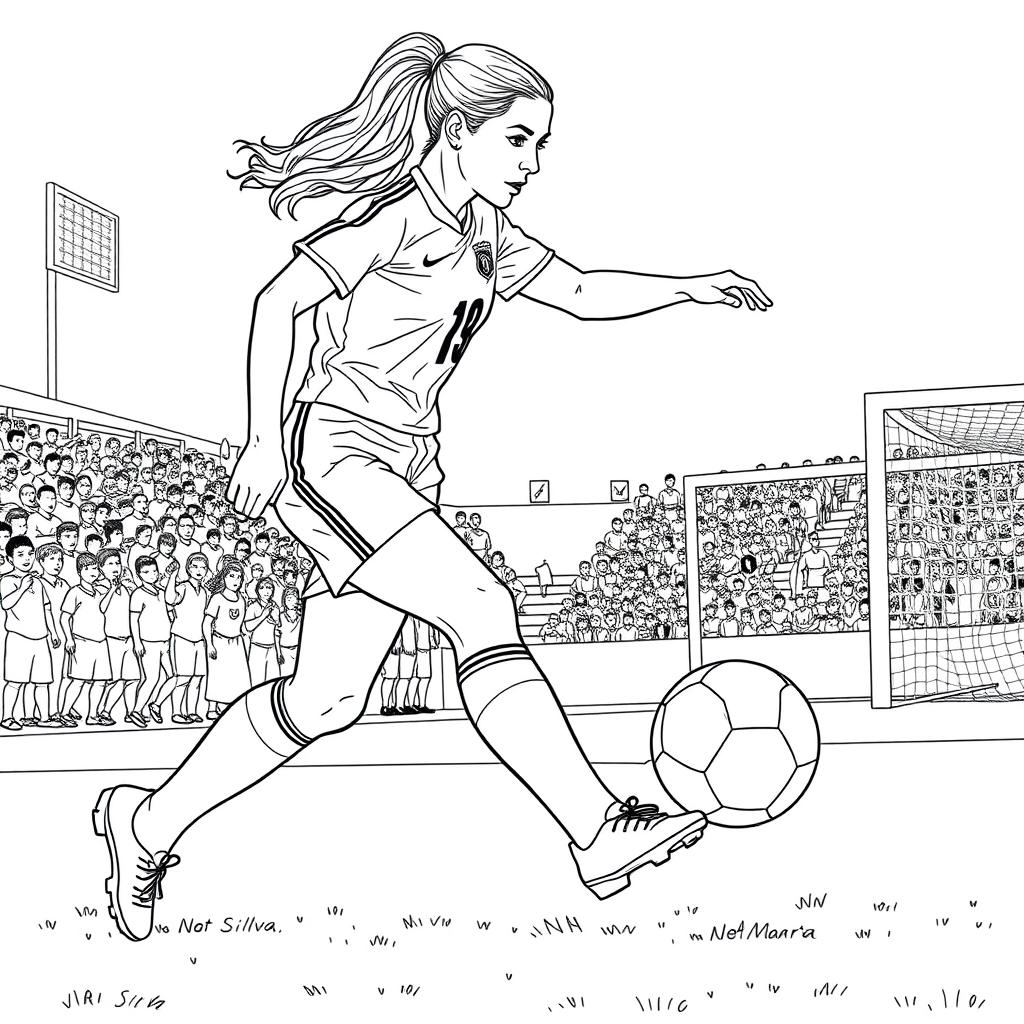 A detailed coloring page featuring Brazilian footballer Marta Silva, depicted in mid-action, showcasing her dynamic movement as she dribbles a football