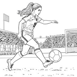 A detailed coloring page featuring Brazilian footballer Marta Silva, depicted in mid-action, showcasing her dynamic movement as she dribbles a football