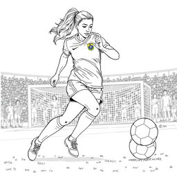 A detailed coloring page featuring Brazilian footballer Marta Silva, depicted in mid-action, showcasing her dynamic movement as she dribbles a football