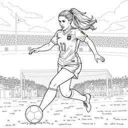 A detailed coloring page featuring Brazilian footballer Marta Silva, depicted in mid-action, showcasing her dynamic movement as she dribbles a football