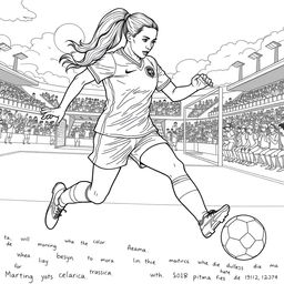 A detailed coloring page featuring Brazilian footballer Marta Silva, depicted in mid-action, showcasing her dynamic movement as she dribbles a football