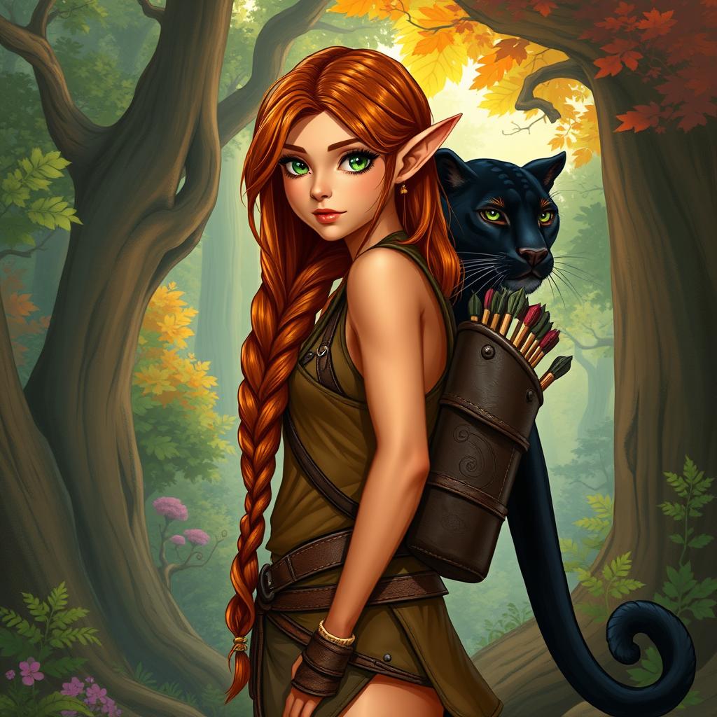 A captivating full-body illustration of a female character, showcasing her distinct half-elf, half-dwarf heritage