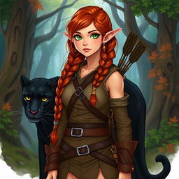 A captivating full-body illustration of a female character, showcasing her distinct half-elf, half-dwarf heritage