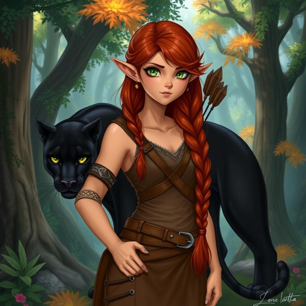 A captivating full-body illustration of a female character, showcasing her distinct half-elf, half-dwarf heritage