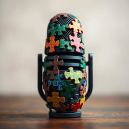 A conceptual art piece featuring a microphone designed to resemble an Echo device, intricately crafted with colorful puzzle pieces