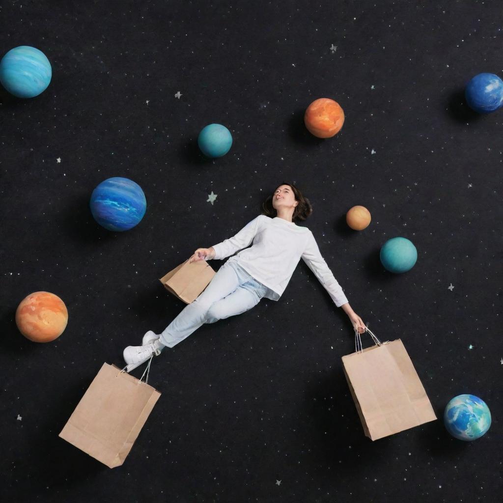 A person floating in outer space with shopping bags, surrounded by planets and stars.