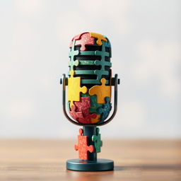 A conceptual art piece featuring a microphone designed to resemble an Echo device, intricately crafted with colorful puzzle pieces