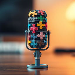 A conceptual art piece featuring a microphone designed to resemble an Echo device, intricately crafted with colorful puzzle pieces