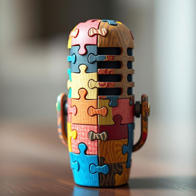 A conceptual art piece featuring a microphone designed to resemble an Echo device, intricately crafted with colorful puzzle pieces