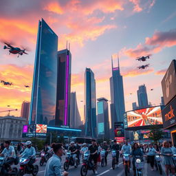 A futuristic cityscape at sunset with vibrant colors lighting up the sky