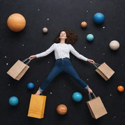 A person floating in outer space with shopping bags, surrounded by planets and stars.