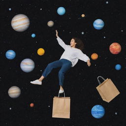 A person floating in outer space with shopping bags, surrounded by planets and stars.