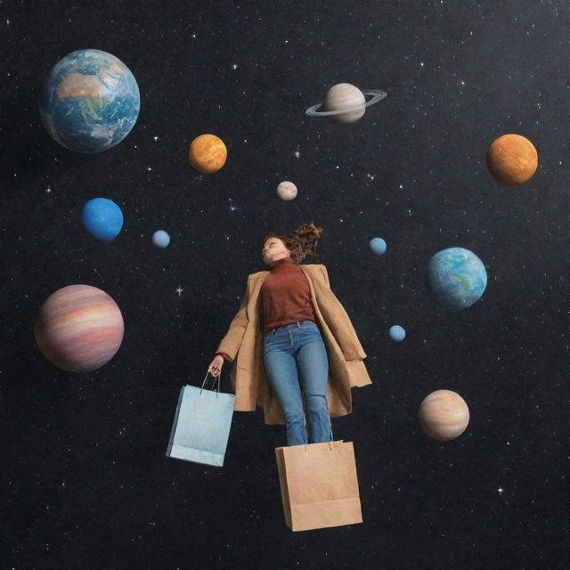 A person floating in outer space with shopping bags, surrounded by planets and stars.