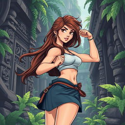 A stylized, artistic representation of a strong female adventurer inspired by classic video game icons, showcasing athleticism and adventure