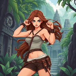 A stylized, artistic representation of a strong female adventurer inspired by classic video game icons, showcasing athleticism and adventure