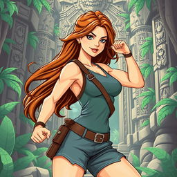 A stylized, artistic representation of a strong female adventurer inspired by classic video game icons, showcasing athleticism and adventure