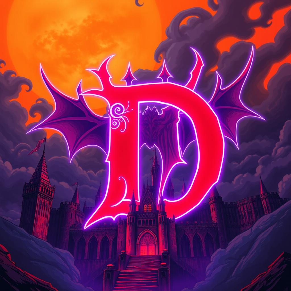 An ancient, ominous castle depicted in an anime style, with a very large, bold red letter 'D' at its center, vibrantly outlined in bright violet